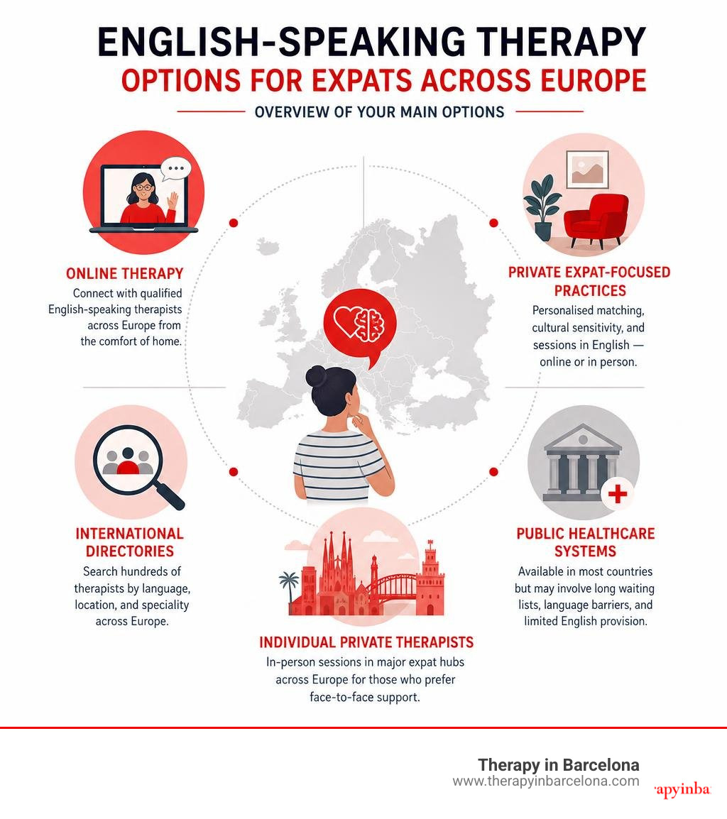 overview of English-speaking therapy options for expats across Europe: online, private, directory, public infographic