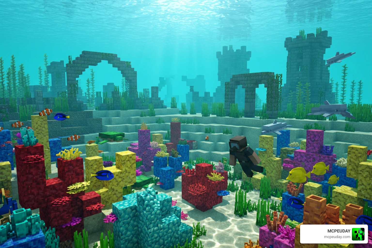 Clear underwater visibility in Minecraft Bedrock with Clear Aquatics shader