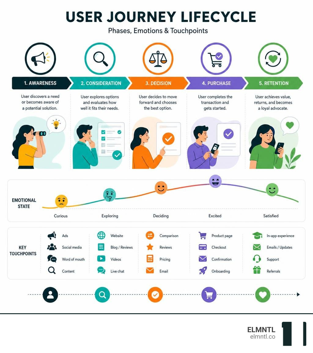 User journey lifecycle infographic showing phases from awareness to retention with emotional states and touchpoints