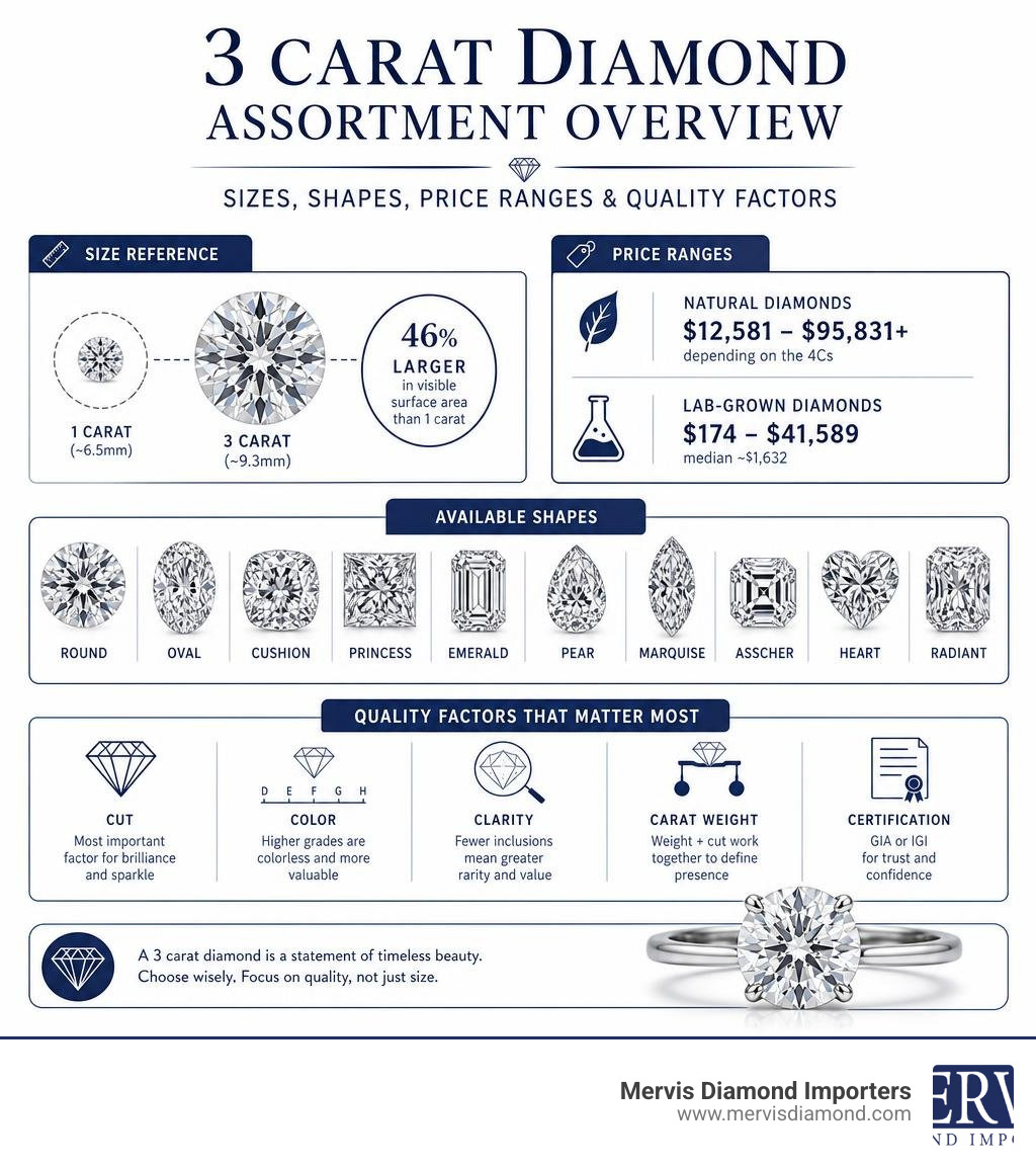 3 carat diamond assortment overview: sizes, shapes, price ranges, and quality factors infographic