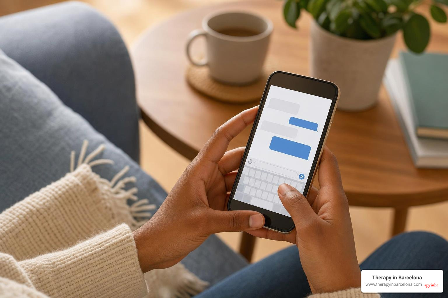 Two hands holding a phone, sending a warm check-in text to a friend Two hands holding a phone, sending a warm check-in text to a friend