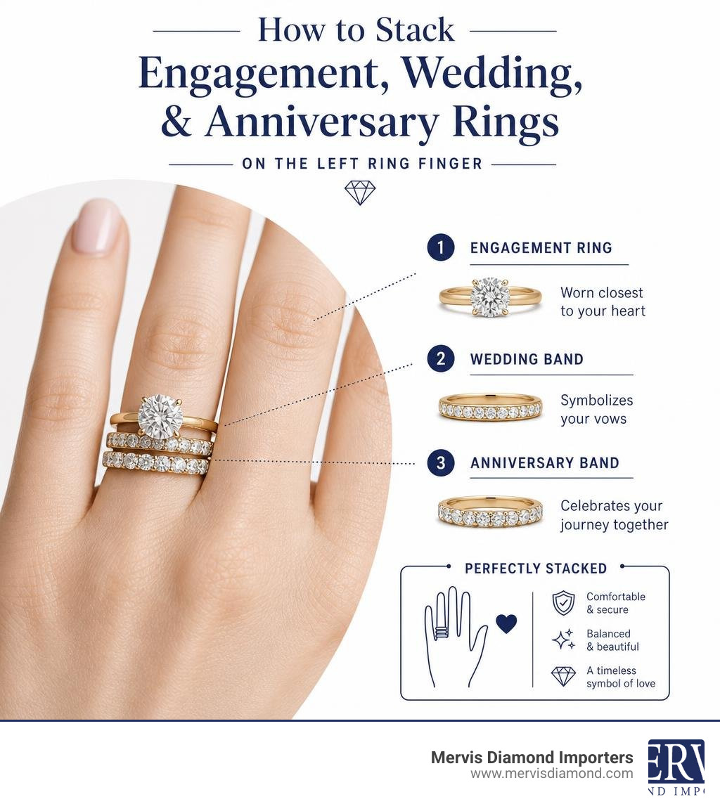 How to stack engagement, wedding, and anniversary rings on the left ring finger infographic How to stack engagement, wedding, and anniversary rings on the left ring finger infographic