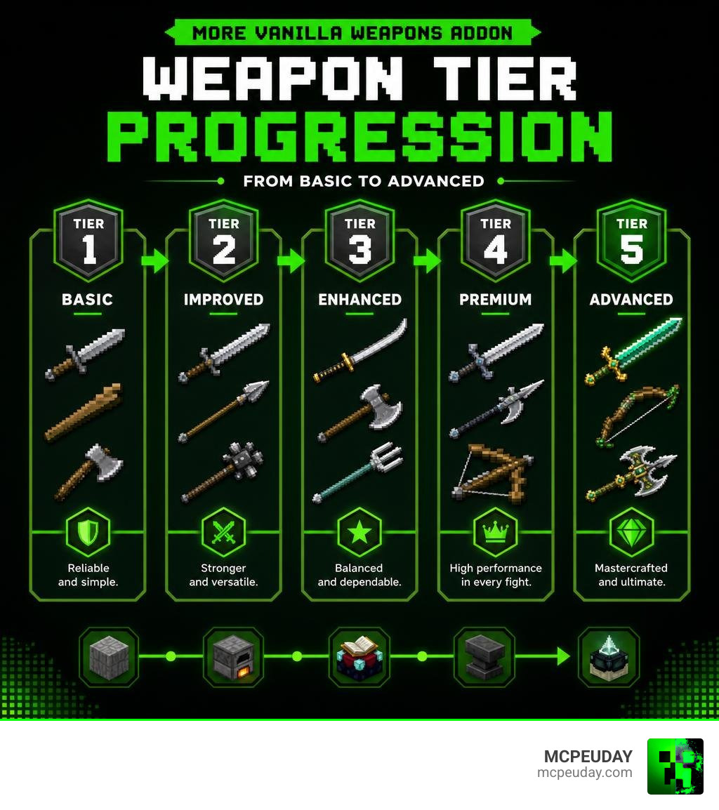 More Vanilla Weapons Addon weapon tier progression from basic to advanced types infographic