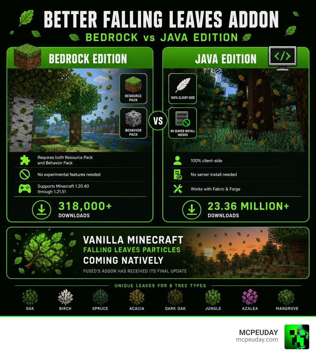 Infographic comparing Better Falling Leaves Addon for Bedrock vs Java Edition features and download stats infographic