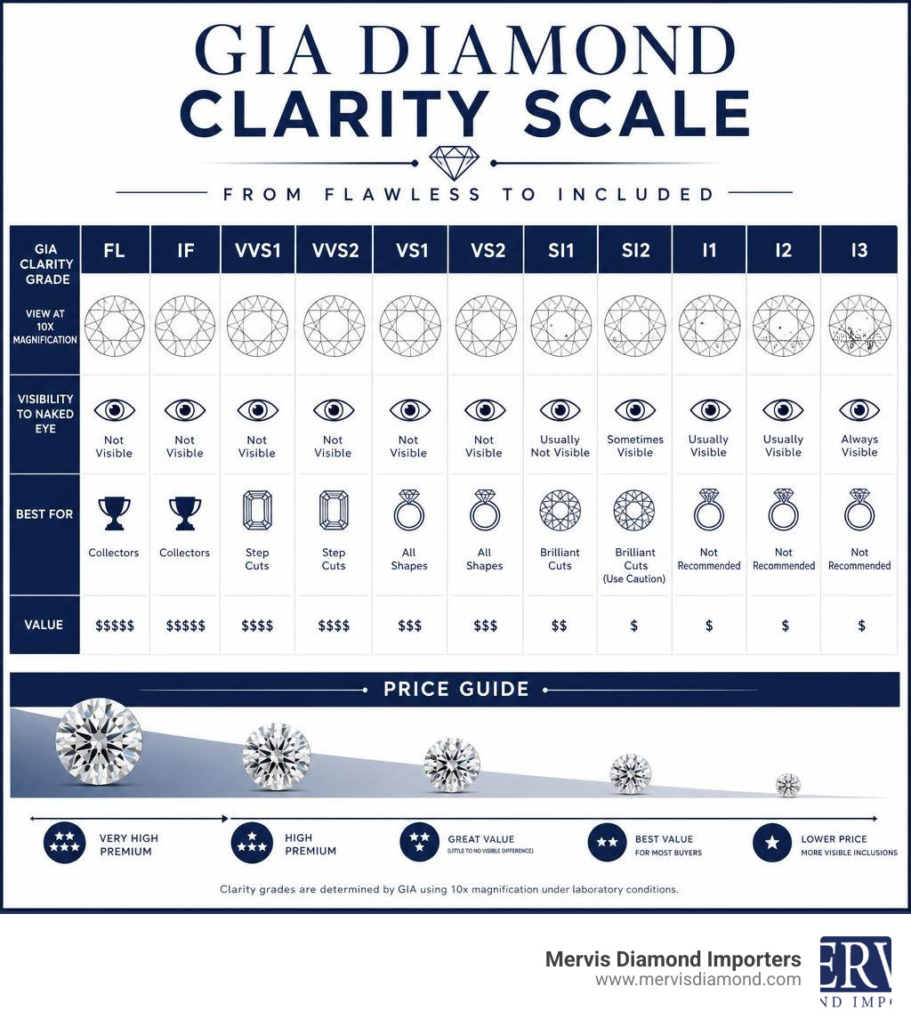 GIA diamond clarity scale from Flawless to Included with visual impact and price guide infographic