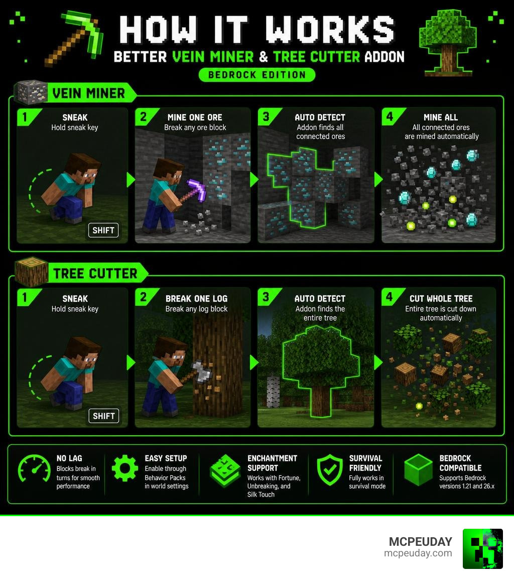 Infographic showing how Better Vein Miner and Tree Cutter Addon works step by step in Bedrock Edition infographic