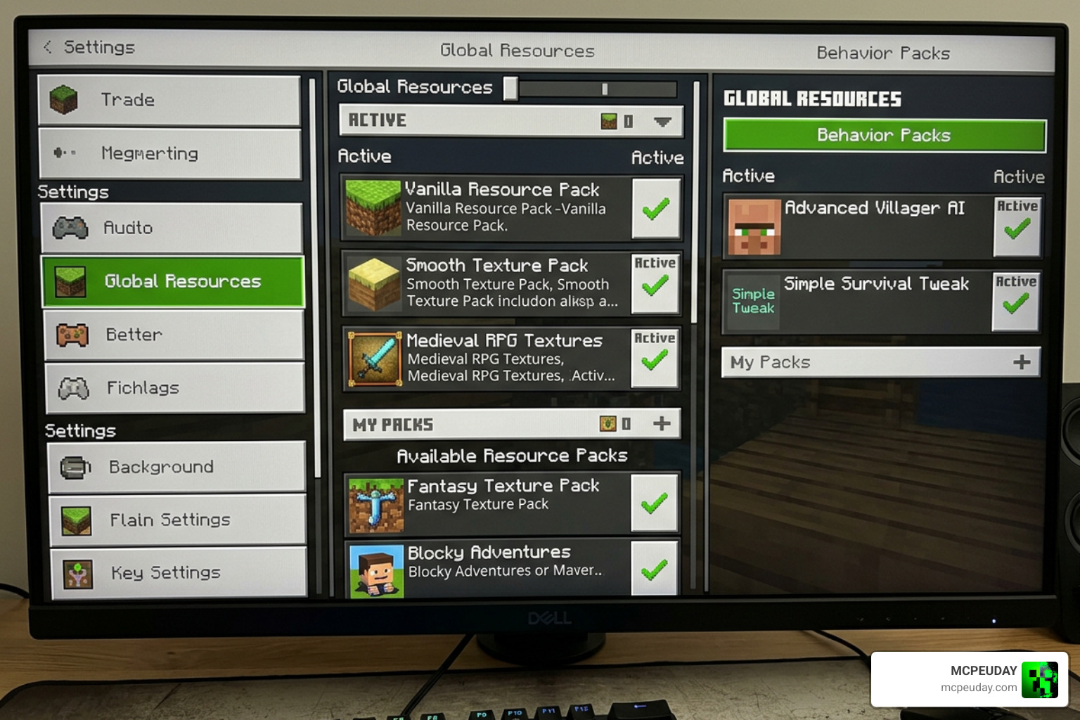 Minecraft settings menu showing active packs
