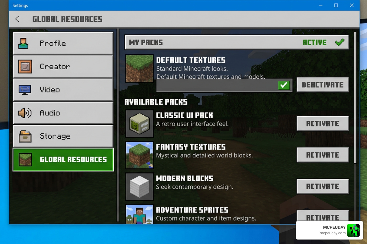 Minecraft Bedrock Resource Packs Settings Menu