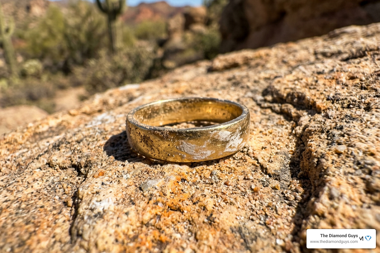 Gold ring exposed to harsh Arizona desert dust and sunscreen buildup Gold ring exposed to harsh Arizona desert dust and sunscreen buildup