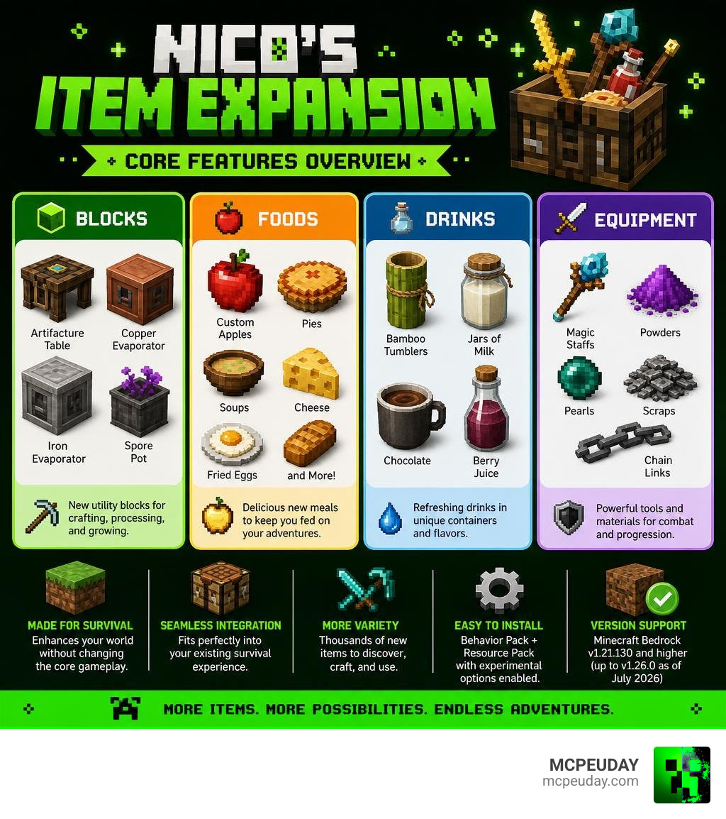 Core features of Nico's Item Expansion Addon including blocks, items, foods, and equipment overview infographic