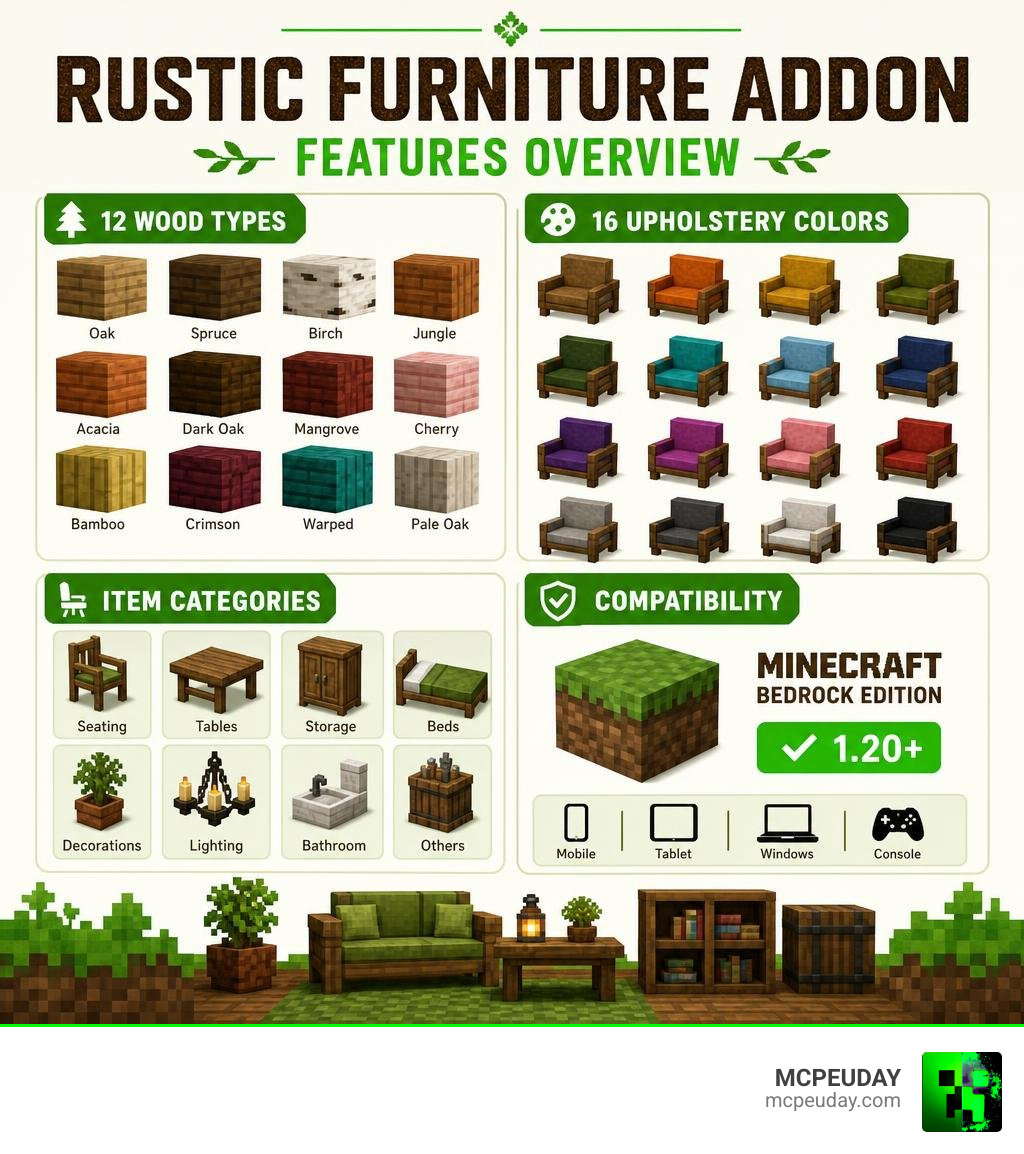 Rustic Furniture Addon features overview: wood types, colors, item categories, and compatibility infographic