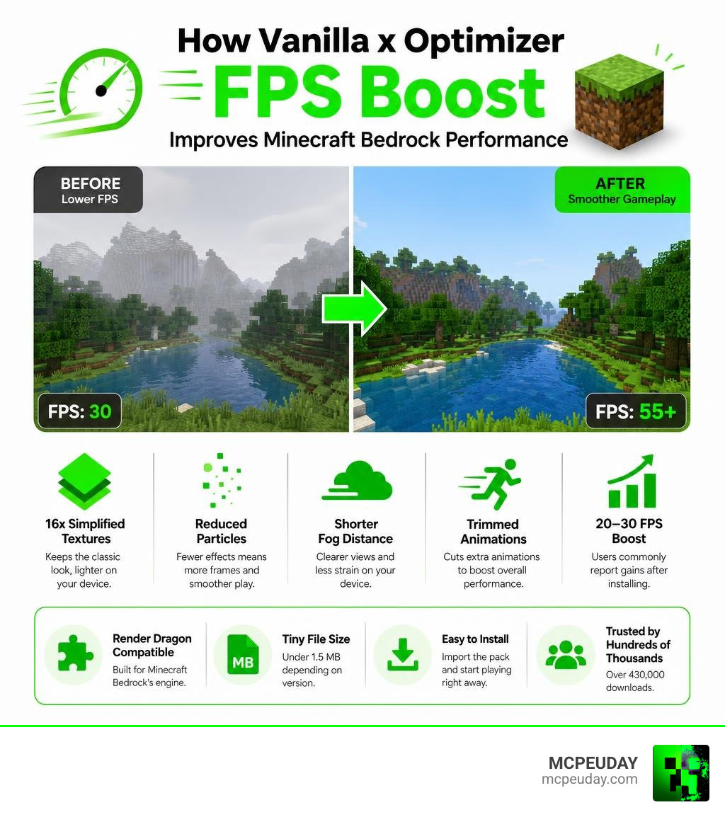 How Vanilla x Optimizer FPS Boost resource pack improves Minecraft Bedrock performance infographic