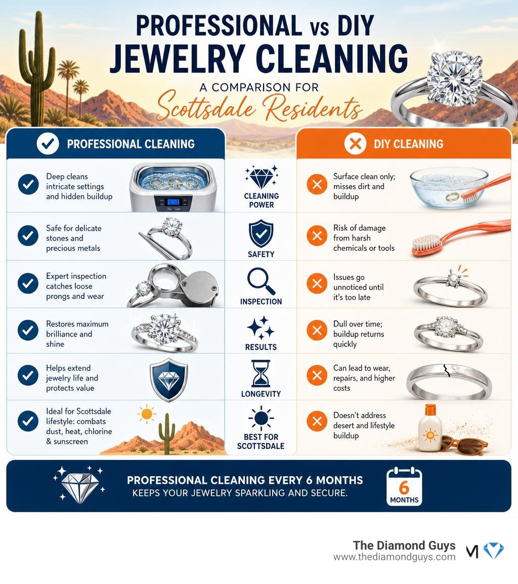 Professional vs DIY jewelry cleaning comparison infographic for Scottsdale residents infographic Professional vs DIY jewelry cleaning comparison infographic for Scottsdale residents infographic