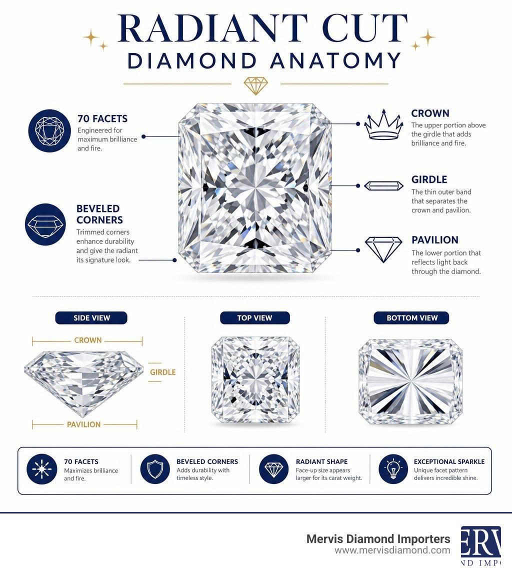 Radiant cut diamond anatomy infographic showing 70 facets, beveled corners, crown, pavilion, and girdle infographic