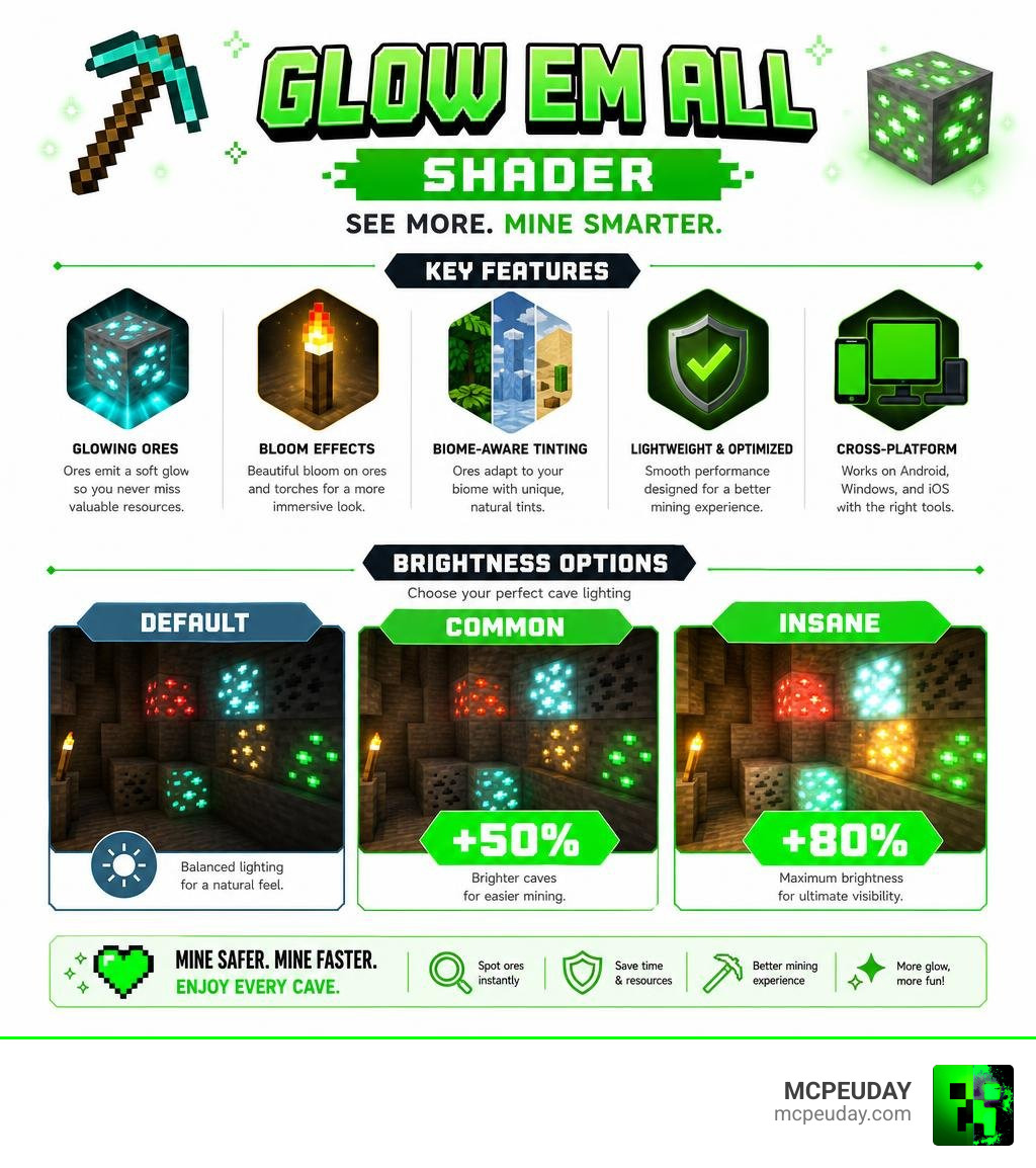 Glow Em All Shader key features and brightness options infographic infographic