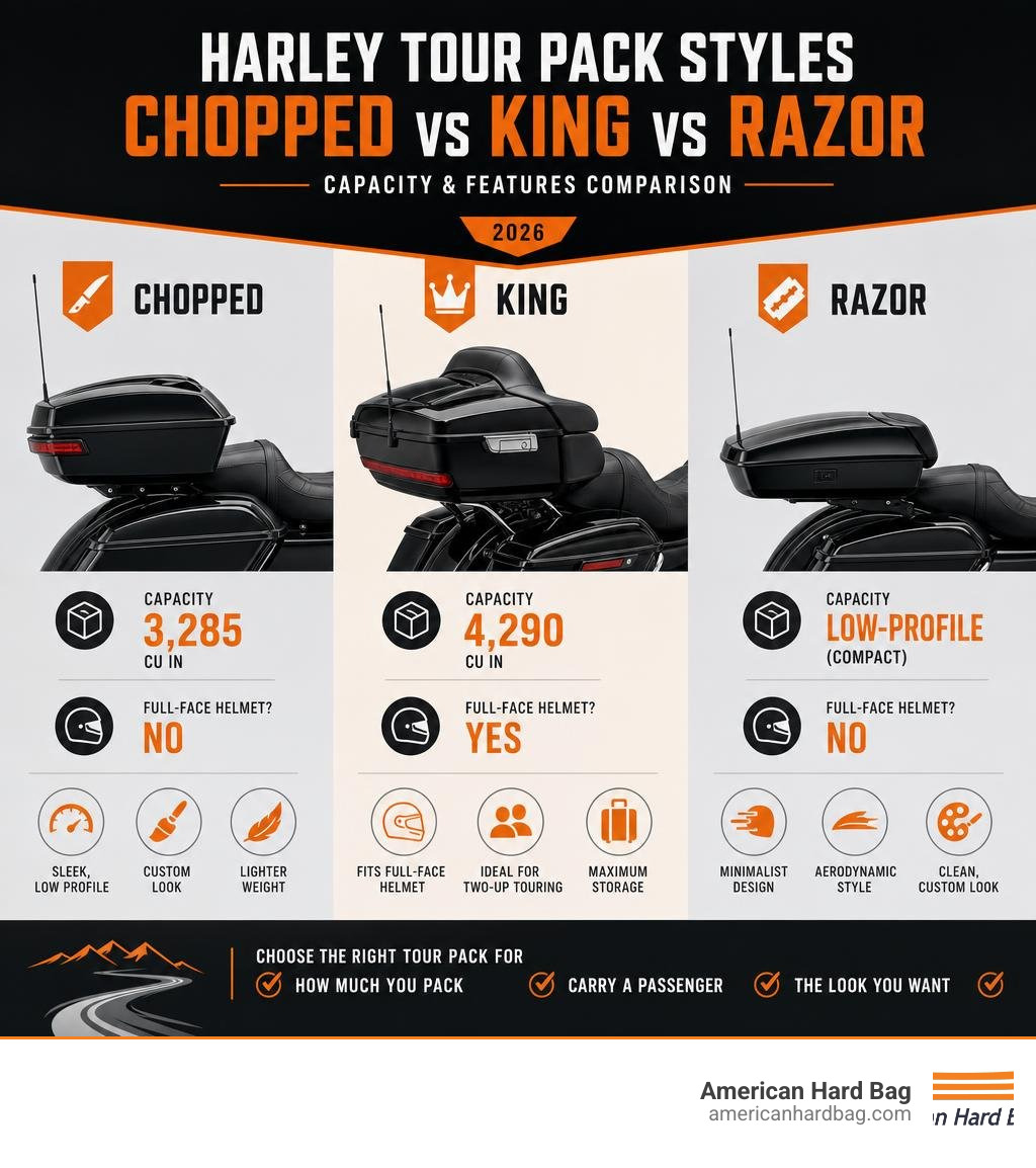Harley Tour Pack styles comparison: Chopped vs King vs Razor capacity and features infographic