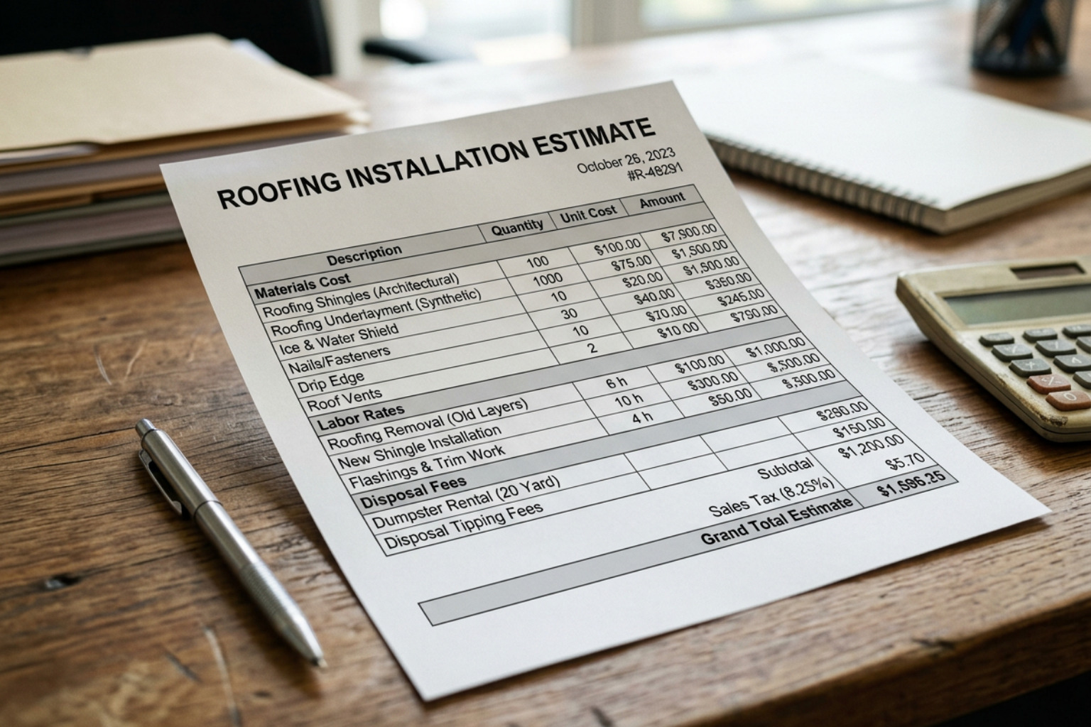 An itemized roofing estimate sheet detailing material costs labor and disposal fees An itemized roofing estimate sheet detailing material costs labor and disposal fees