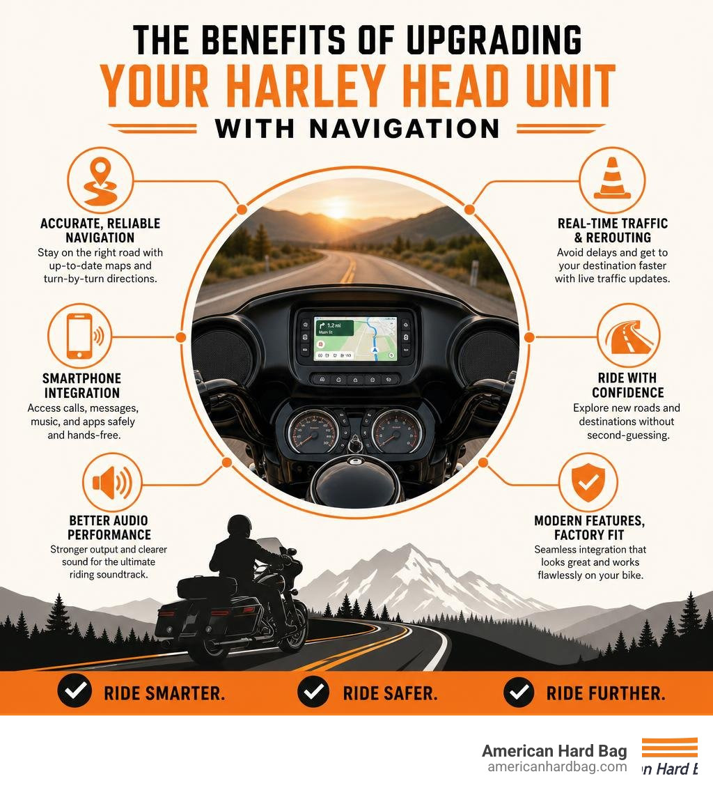 Benefits of upgrading a Harley motorcycle head unit with navigation infographic