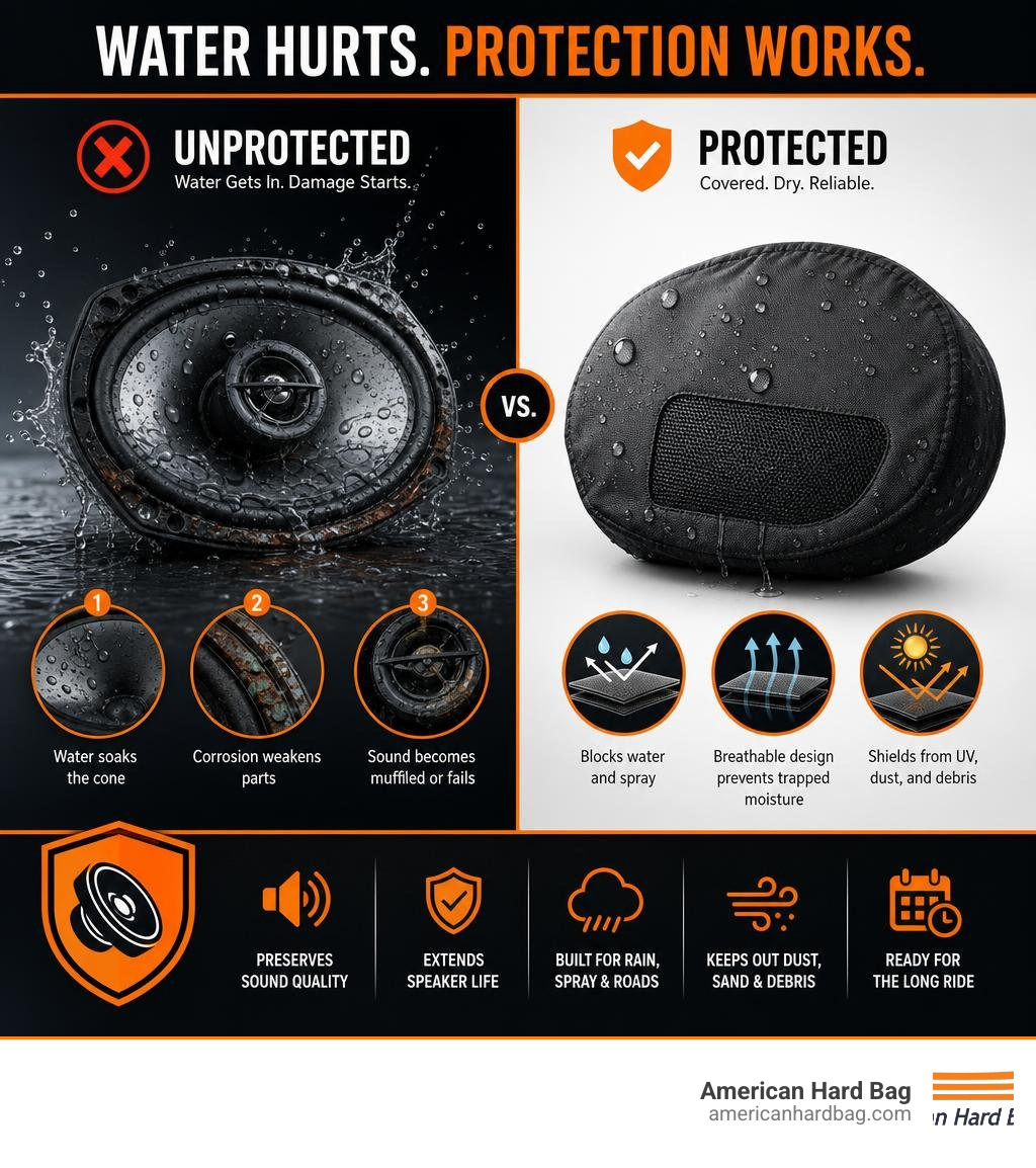 How water damages unprotected speaker cones and how waterproof covers prevent it infographic