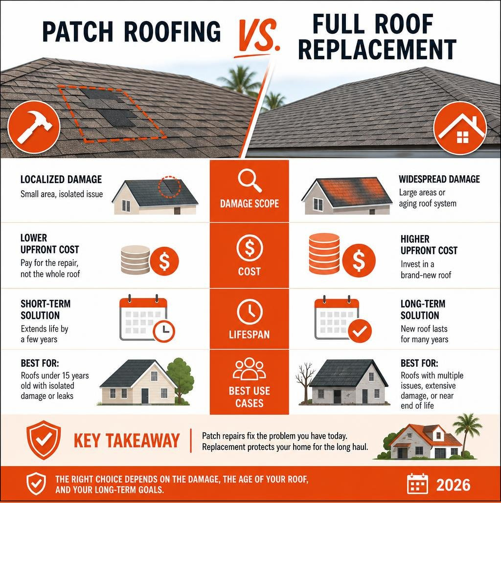 Infographic comparing patch roofing vs full roof replacement: damage scope, cost, lifespan, and best use cases infographic