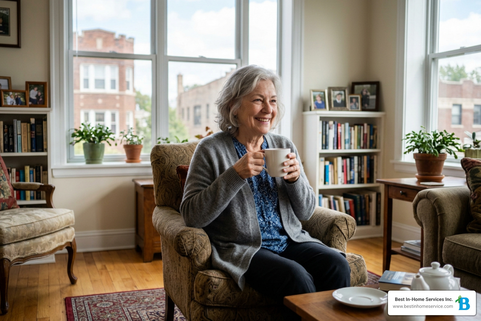 A happy senior smiling in a bright Chicago living room while enjoying a cup of tea