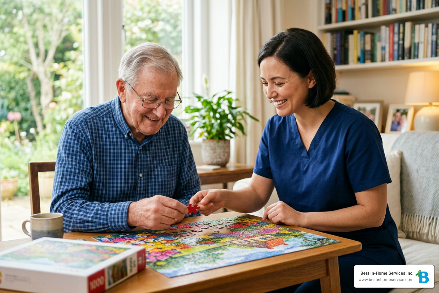 A professional caregiver warmly assisting an elderly senior with a colorful puzzle