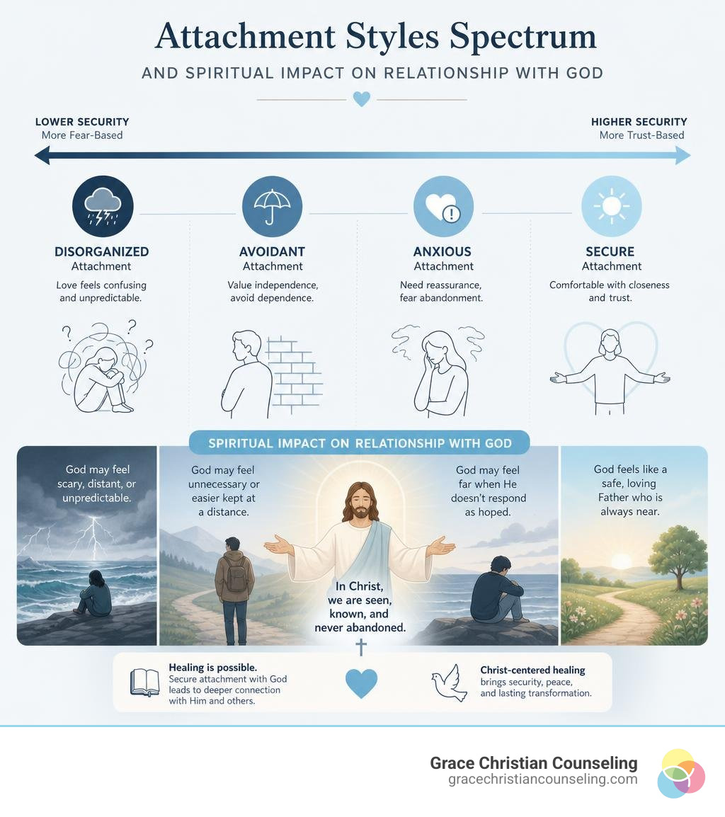 Attachment styles spectrum and spiritual impact on relationship with God infographic Attachment styles spectrum and spiritual impact on relationship with God infographic