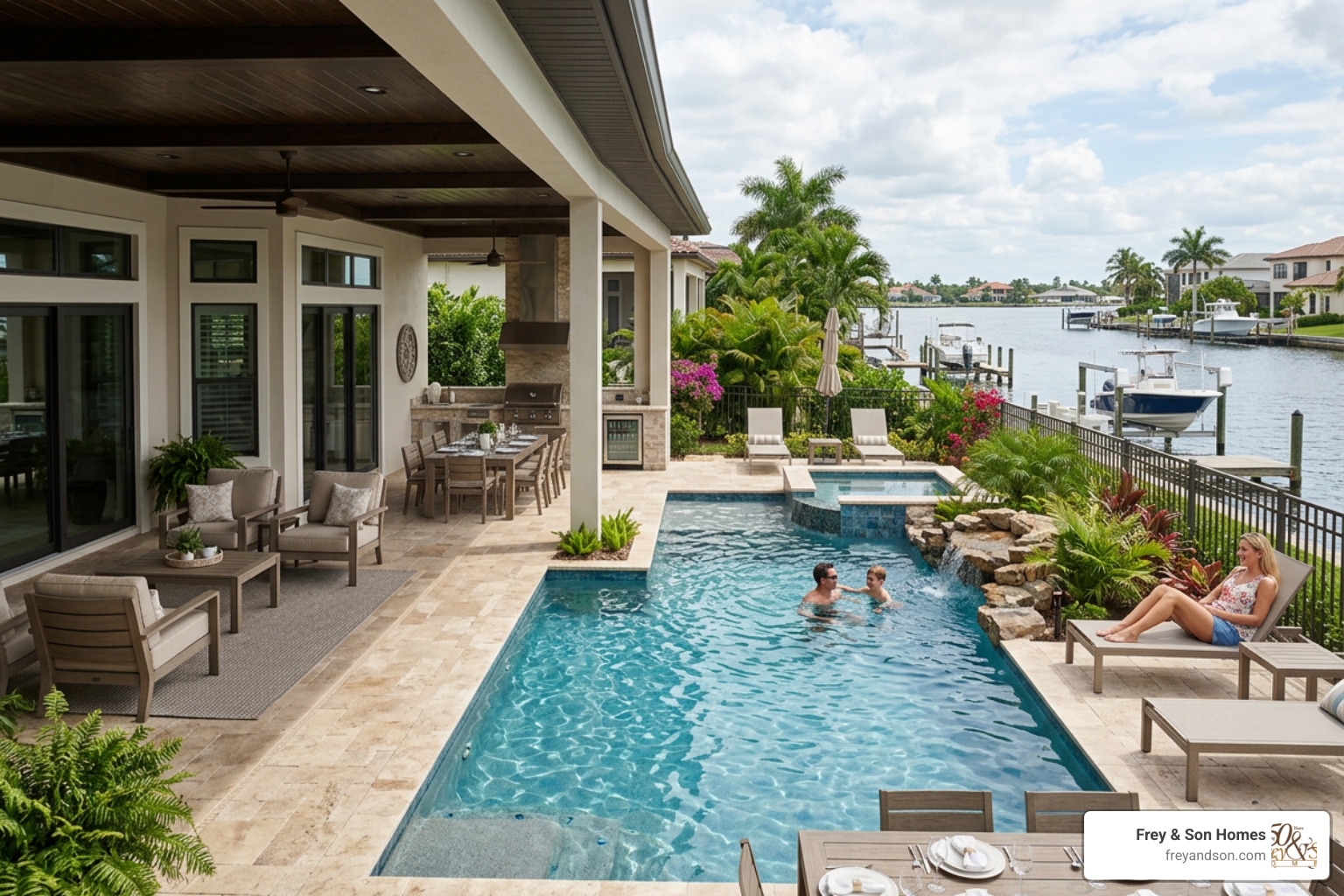 custom outdoor living area with a heated saltwater pool outdoor kitchen and covered lanai overlooking a Florida canal