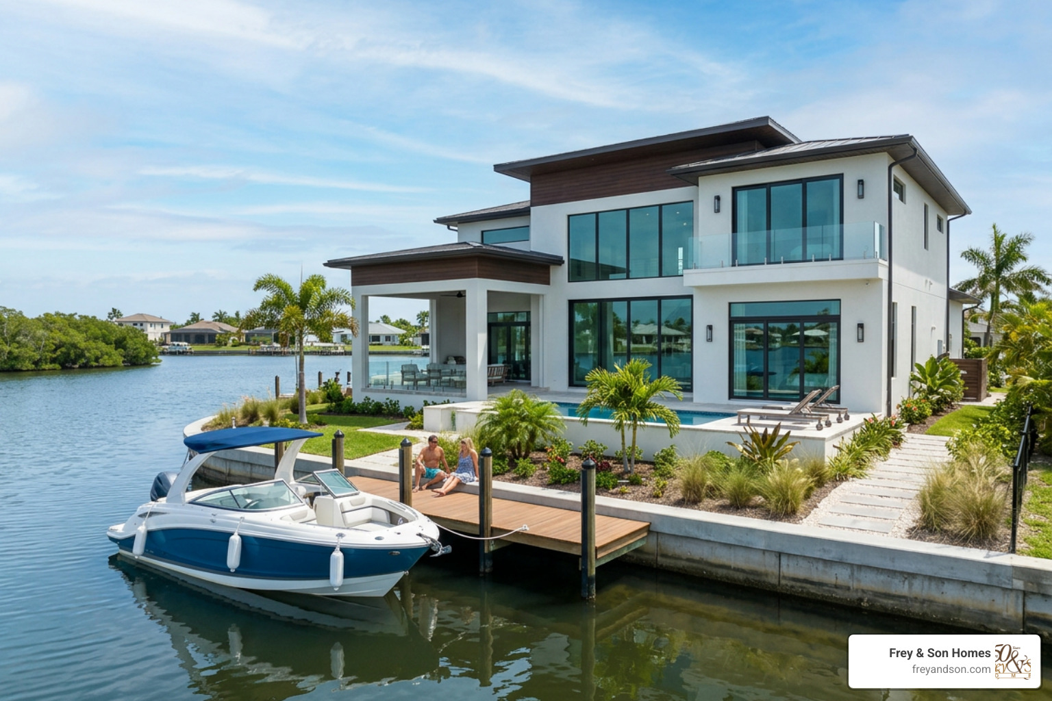 modern canal-front custom home in Punta Gorda Florida showcasing contemporary coastal architecture and a private boat dock