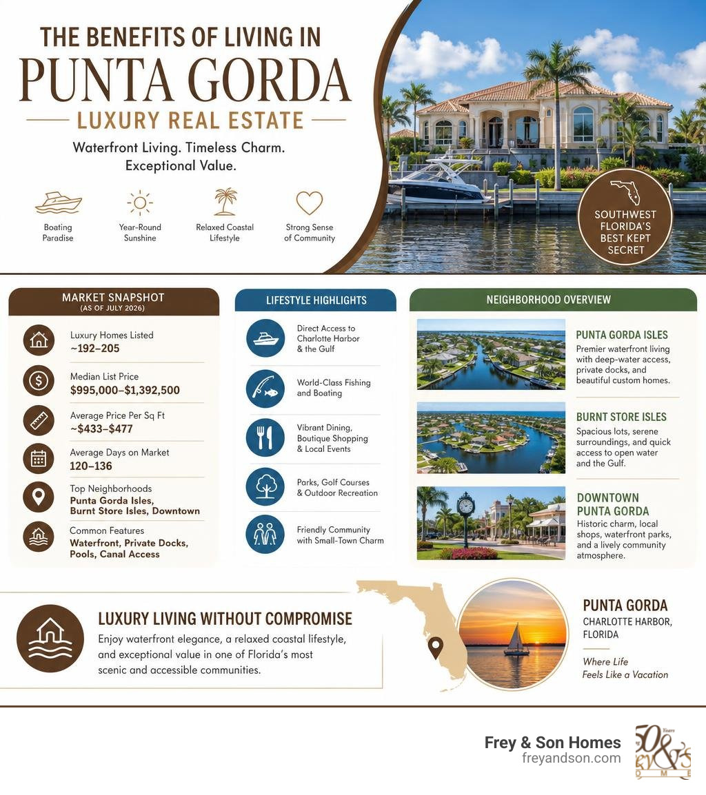 Benefits of living in Punta Gorda luxury real estate infographic with market stats, lifestyle highlights, and neighborhood
