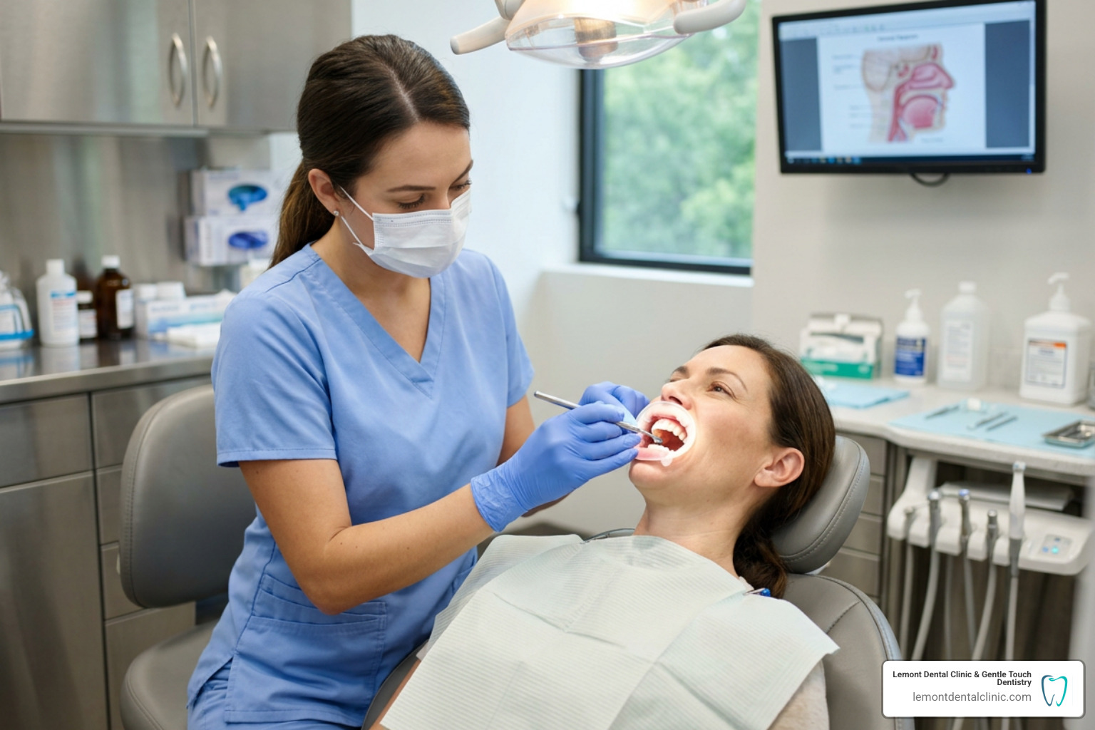 Dental professional applying protective barrier and whitening gel to patient's teeth