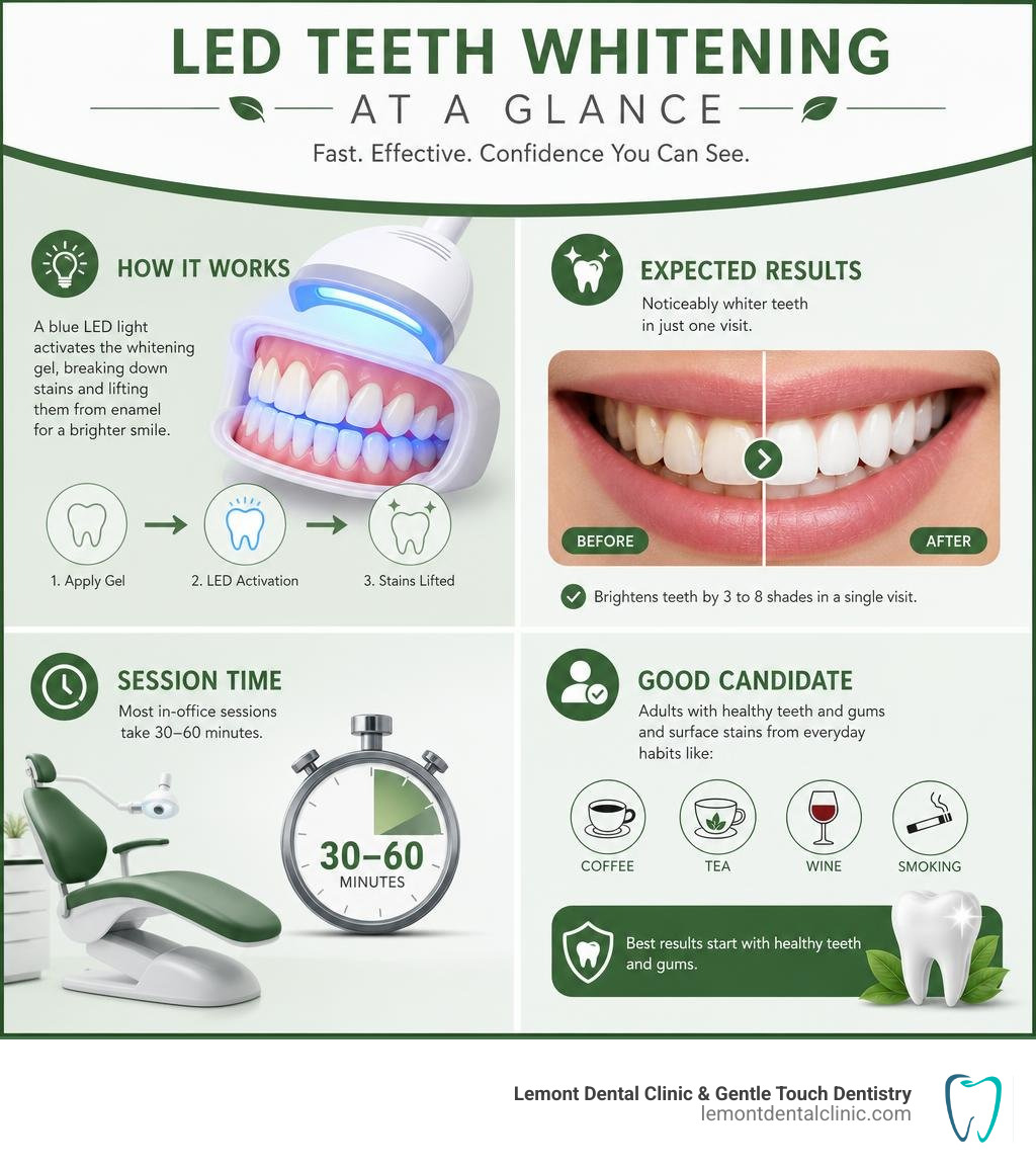 How LED teeth whitening works, expected results, session time, and who is a good candidate infographic