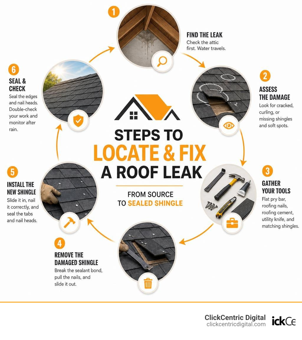 steps to locate and fix a roof leak from source to sealed shingle infographic infographic steps to locate and fix a roof leak from source to sealed shingle infographic infographic