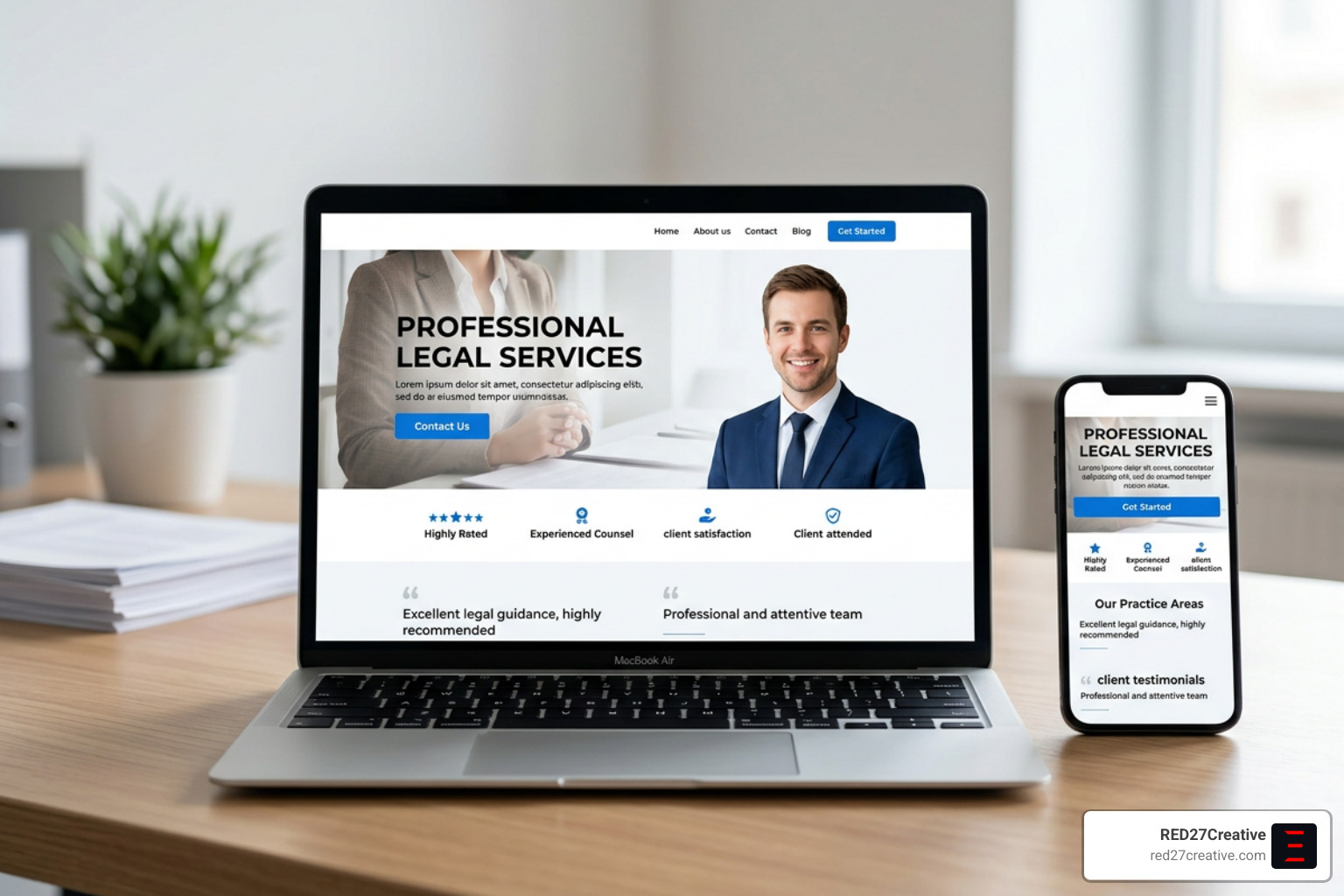 High-converting legal landing page layout highlighting trust signals, clear call-to-action, and mobile-responsive design High-converting legal landing page layout highlighting trust signals, clear call-to-action, and mobile-responsive design