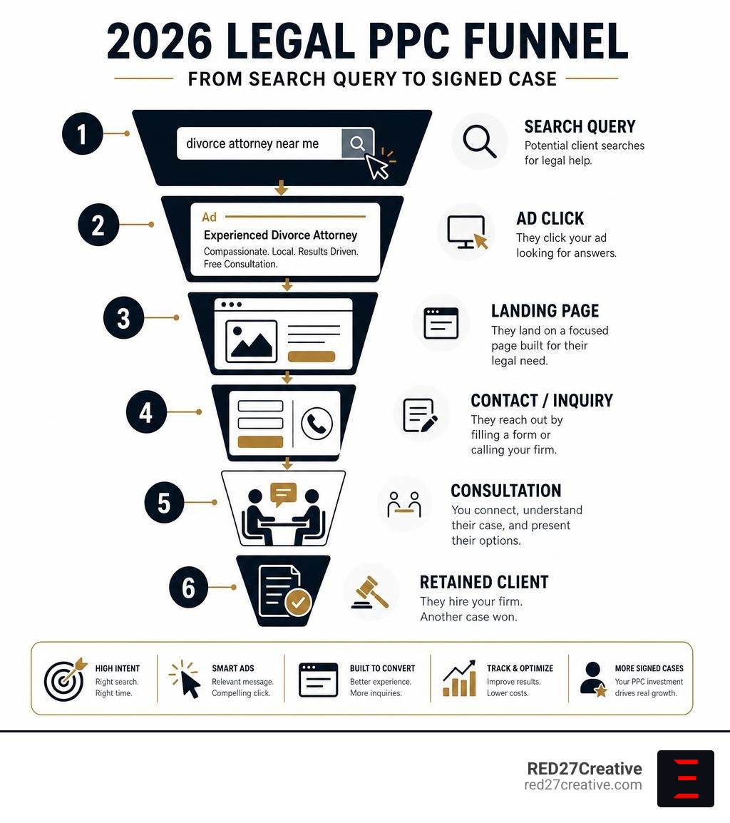 2026 legal PPC funnel from search query to signed case, showing steps from keyword search to consultation to retained client 2026 legal PPC funnel from search query to signed case, showing steps from keyword search to consultation to retained client