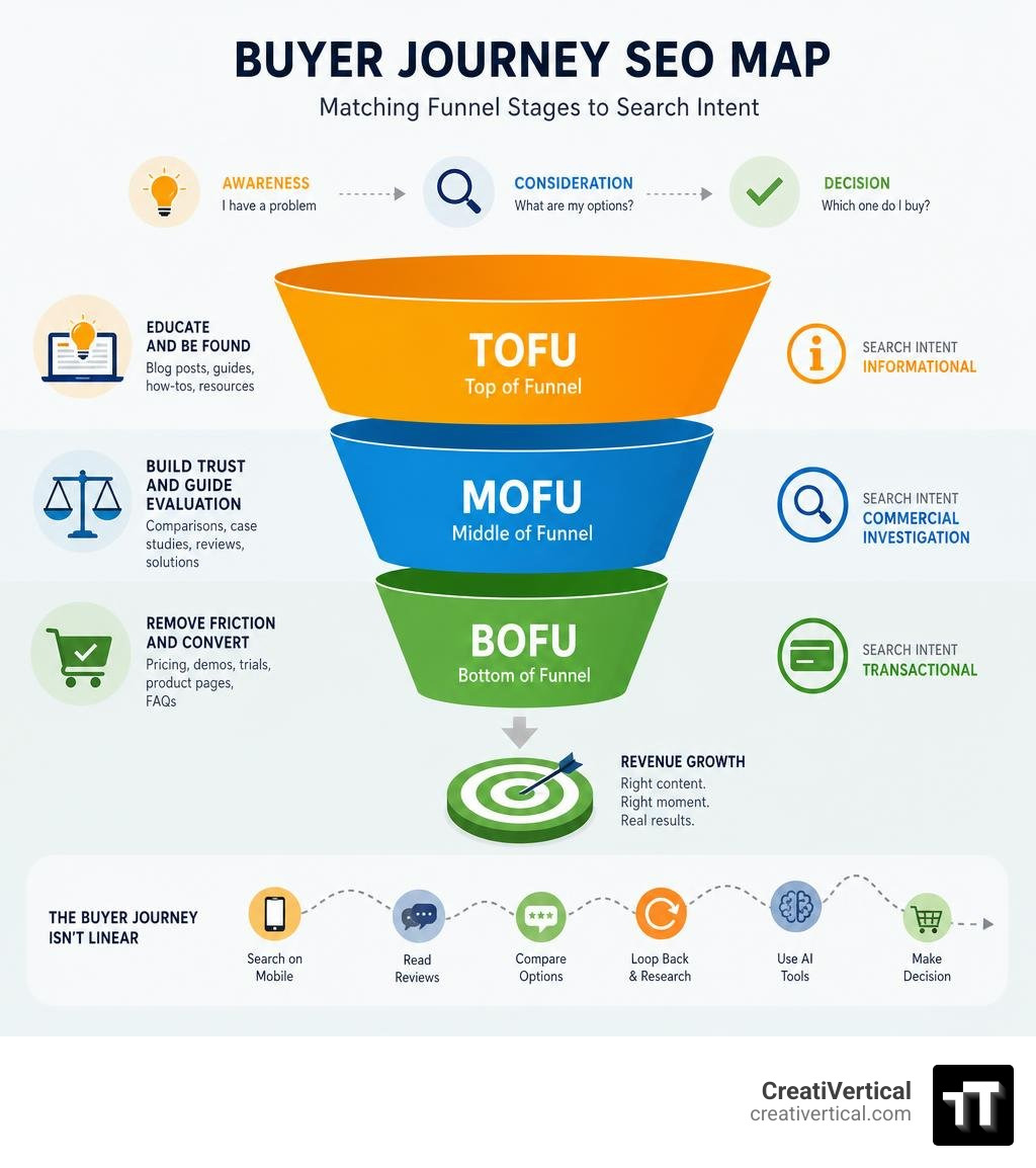 Modern SEO funnel showing TOFU, MOFU, BOFU stages mapped to buyer journey and search intent infographic Modern SEO funnel showing TOFU, MOFU, BOFU stages mapped to buyer journey and search intent infographic