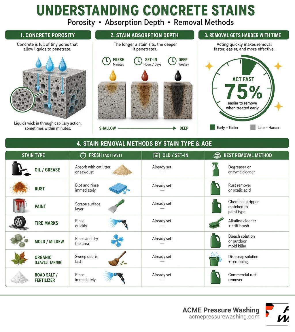 Infographic showing concrete porosity, stain absorption depth, and removal methods by stain type and age infographic