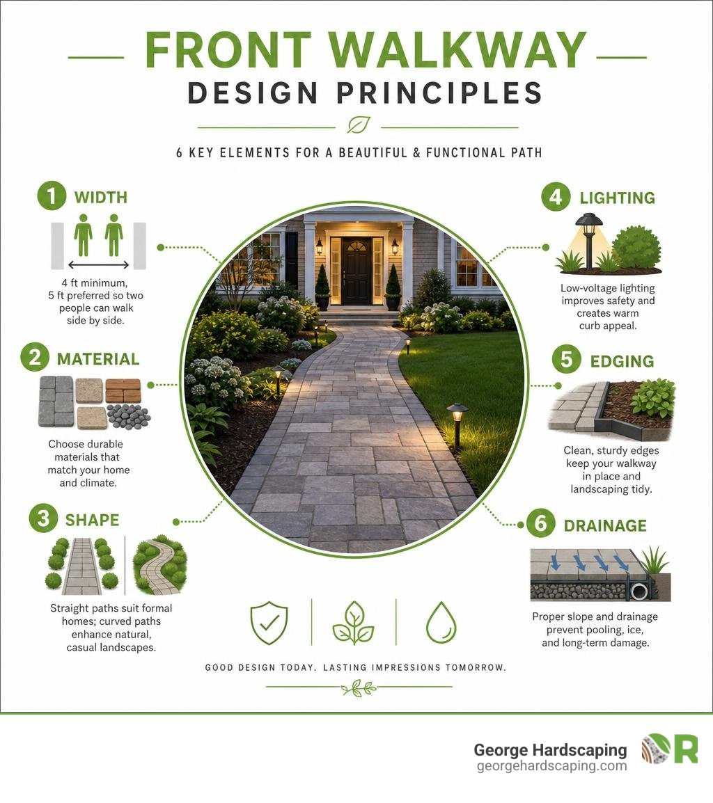 Front walkway design principles infographic: width, material, shape, lighting, edging, and drainage infographic Front walkway design principles infographic: width, material, shape, lighting, edging, and drainage infographic