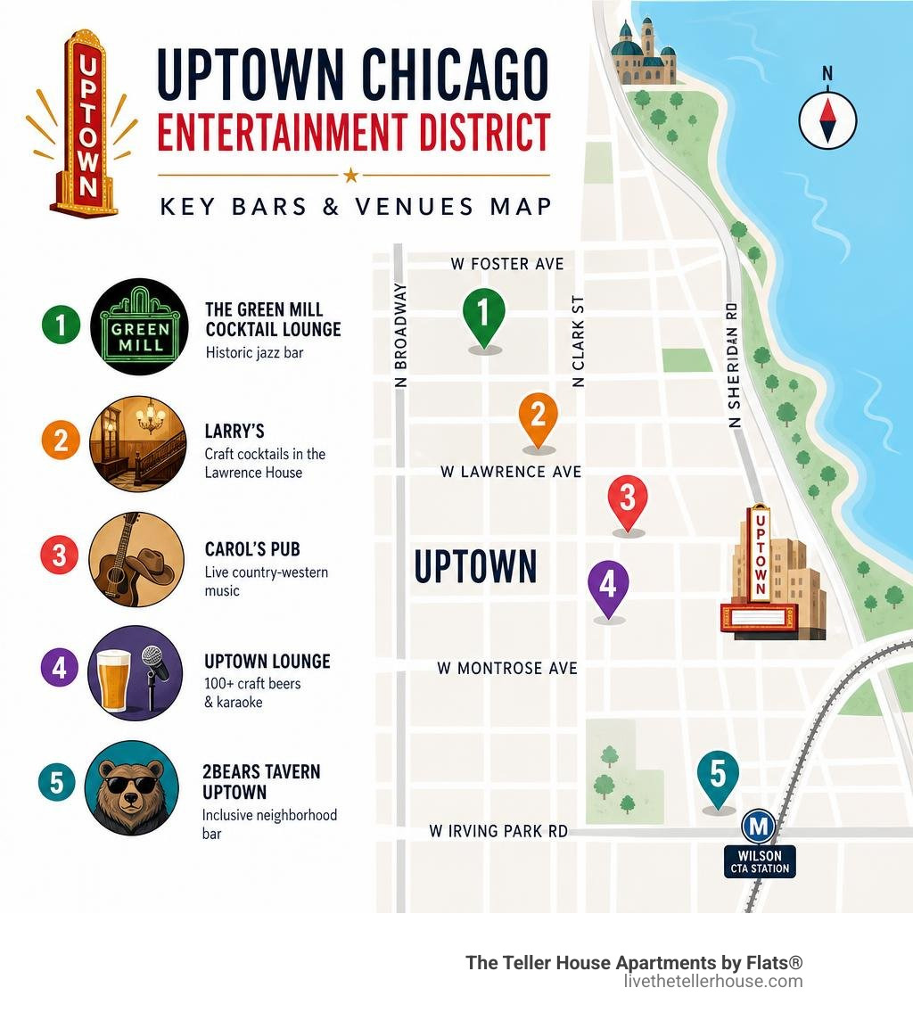 map of Uptown Chicago entertainment district showing key bar and venue locations infographic