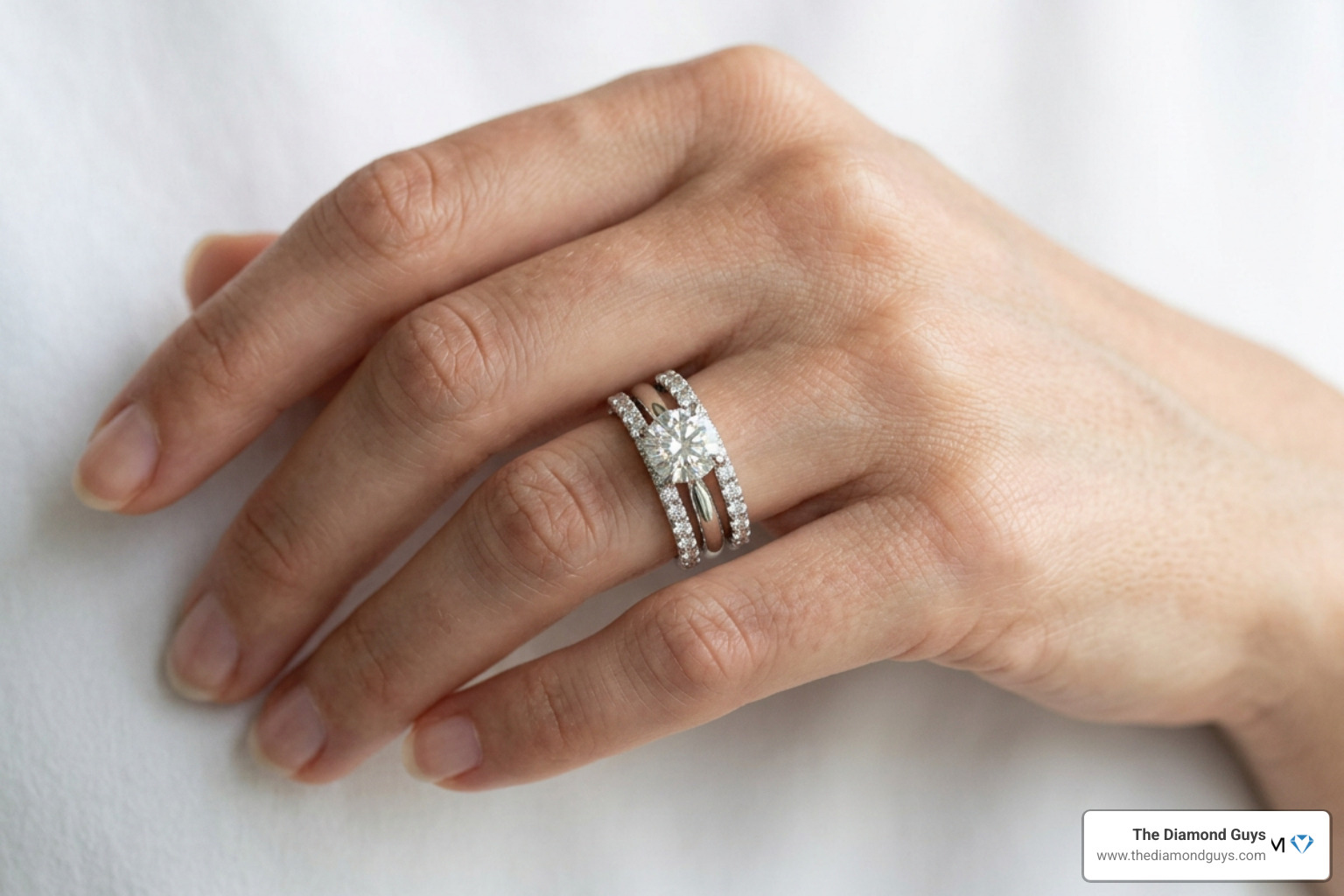 Stacked eternity bands with a solitaire engagement ring Stacked eternity bands with a solitaire engagement ring