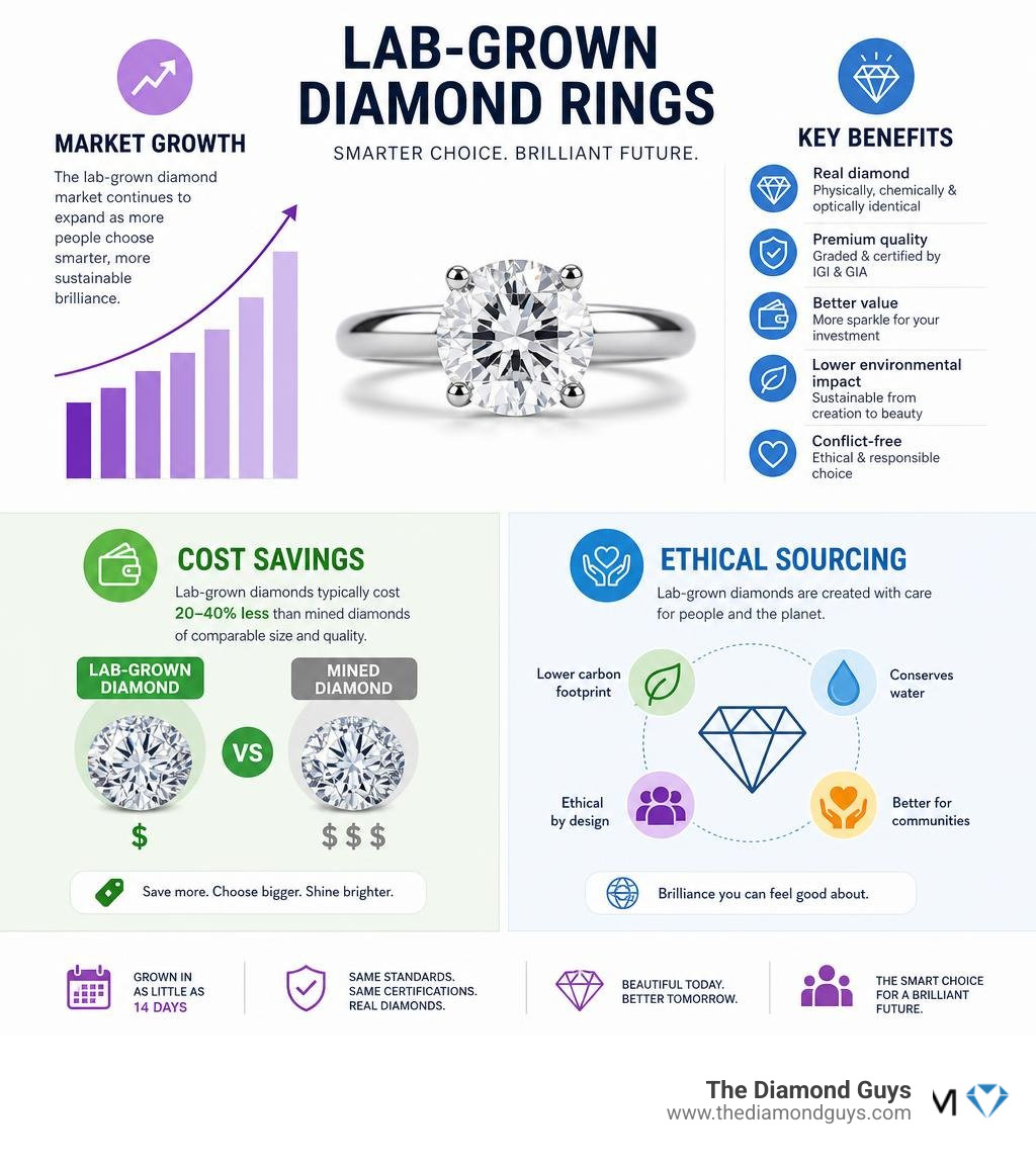 lab-grown diamond rings market growth, benefits, cost savings, and ethical sourcing overview infographic lab-grown diamond rings market growth, benefits, cost savings, and ethical sourcing overview infographic