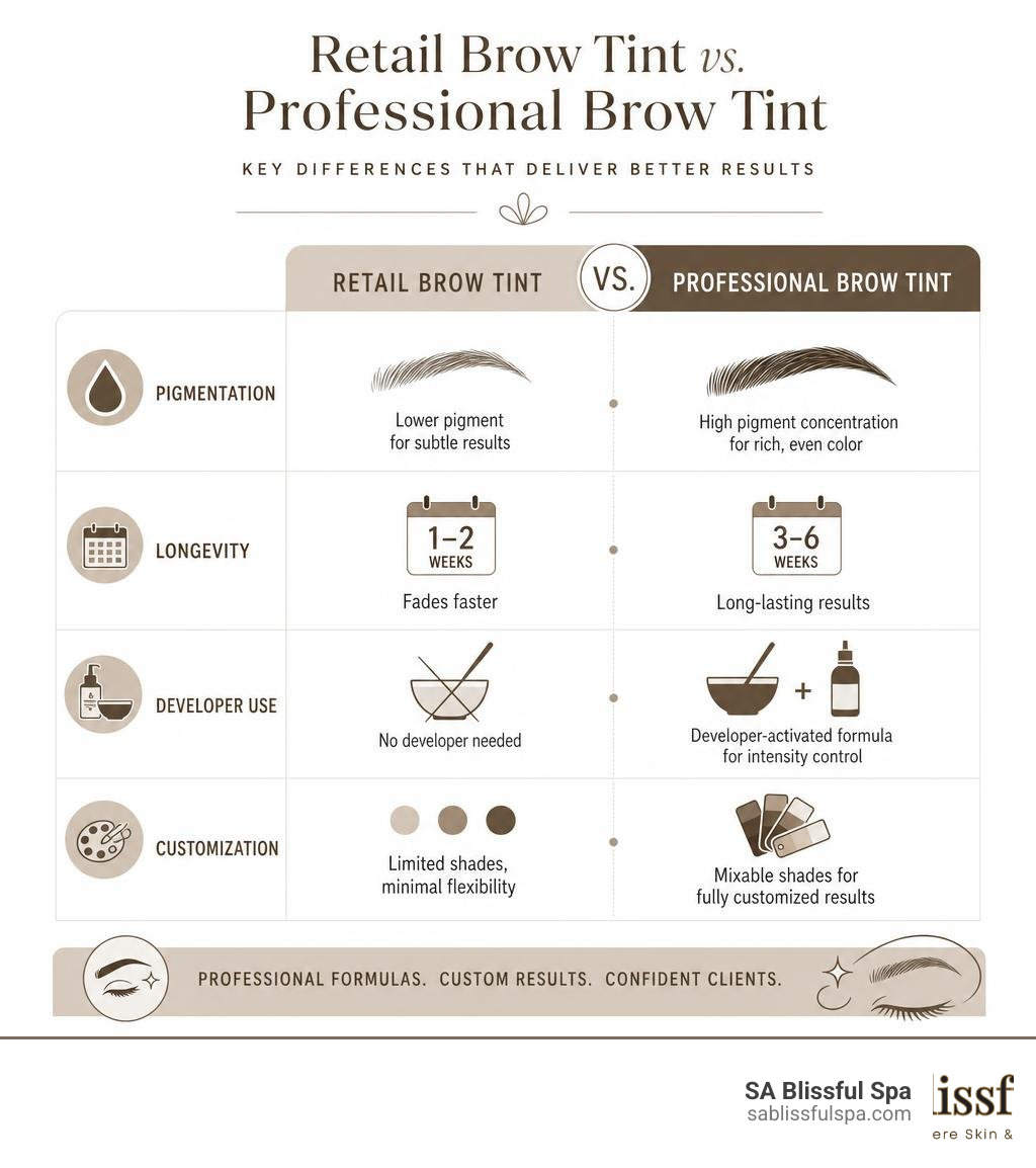 Infographic comparing retail vs professional brow tint: pigmentation, longevity, developer use, customization infographic Infographic comparing retail vs professional brow tint: pigmentation, longevity, developer use, customization infographic