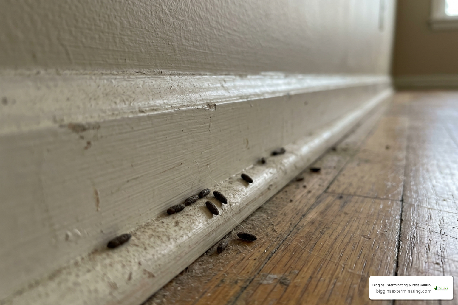 mouse droppings along a baseboard