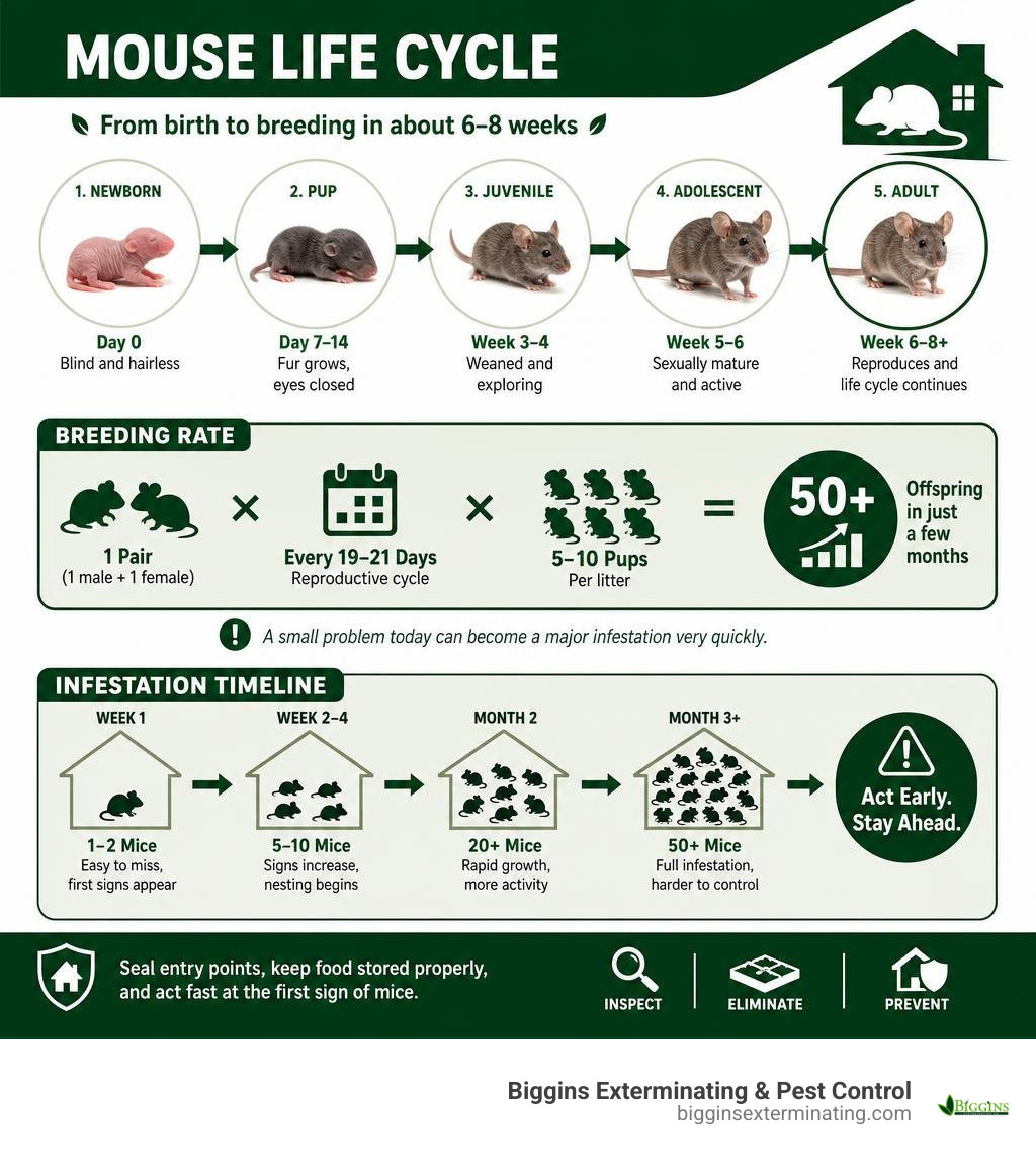 Mouse life cycle, breeding rate, and infestation timeline infographic infographic