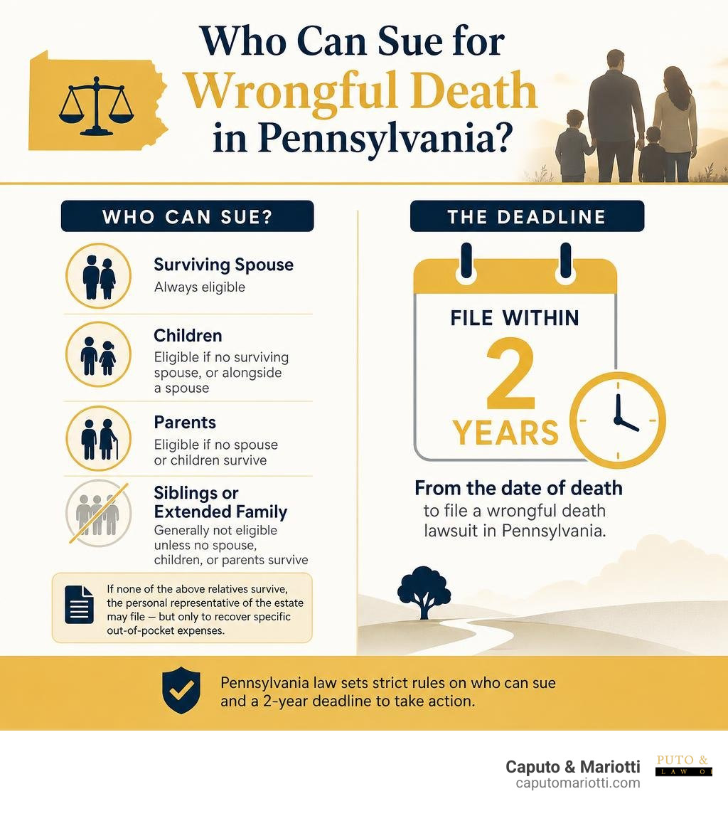 infographic showing who can sue for wrongful death in Pennsylvania and the 2-year filing deadline infographic infographic showing who can sue for wrongful death in Pennsylvania and the 2-year filing deadline infographic