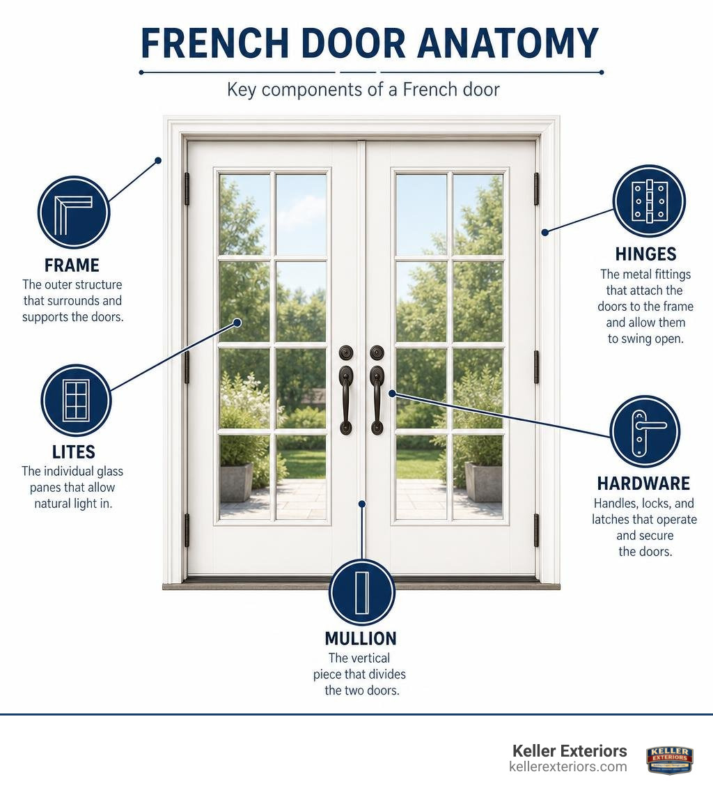 French door anatomy infographic showing frame, lites, hinges, mullion, and hardware labels infographic French door anatomy infographic showing frame, lites, hinges, mullion, and hardware labels infographic