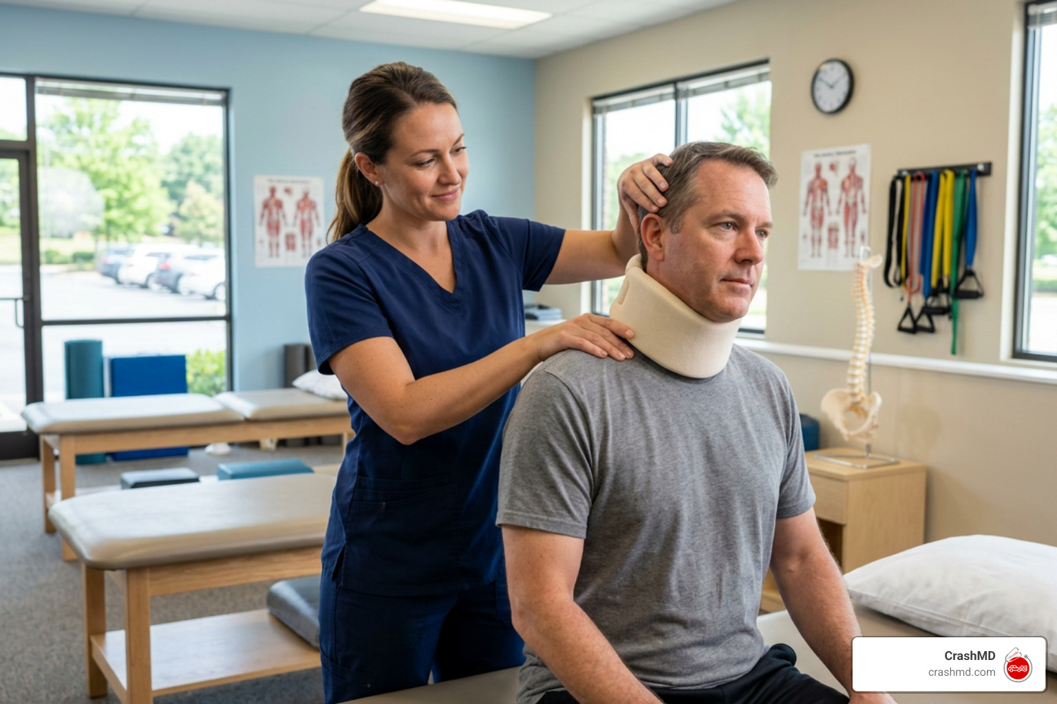 A physical therapist helping a patient recover from whiplash after a car accident A physical therapist helping a patient recover from whiplash after a car accident