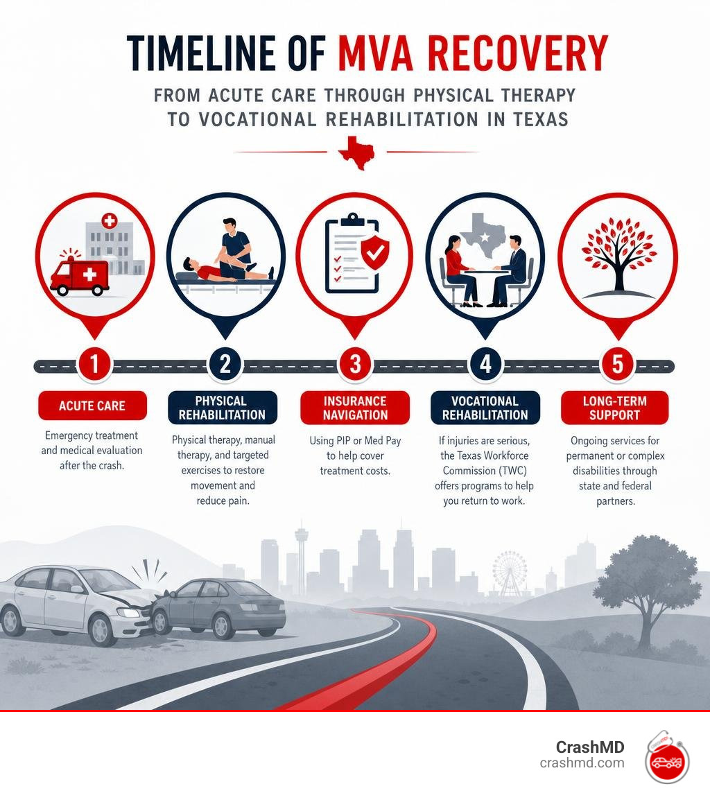 Timeline of MVA recovery from acute care through physical therapy to vocational rehabilitation in Texas infographic Timeline of MVA recovery from acute care through physical therapy to vocational rehabilitation in Texas infographic