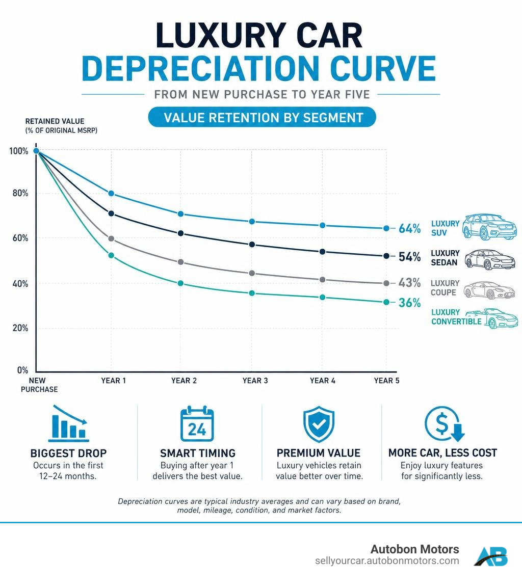 Luxury car depreciation curve from new purchase to year five showing value retention by segment infographic Luxury car depreciation curve from new purchase to year five showing value retention by segment infographic