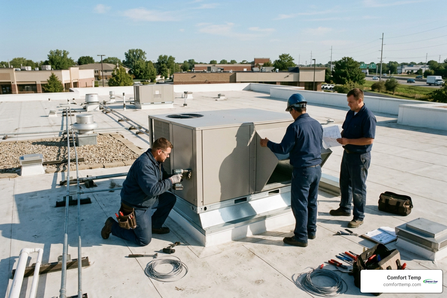 commercial HVAC technicians in dark blue uniforms with no logos installing a rooftop unit commercial HVAC technicians in dark blue uniforms with no logos installing a rooftop unit